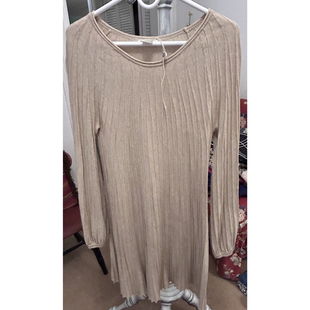 MAX STUDIO A-LINE Sweater Dress PLEATED BEIGE TONE LONG SLEEVE SIZE LARGE
